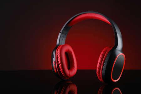 Wireless Headphones Music in Red and Black Colorの写真素材