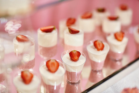 Wedding candy bar with pink and white deserts. Strawberry cupcakes, jelly and modern dessertsの写真素材