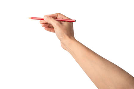 Asian lady woman beautiful hand holding pencil isolated on white background.の写真素材