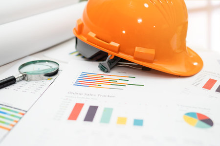 Yellow construction helmet with blueprint on graph, engineer safety concept.の写真素材