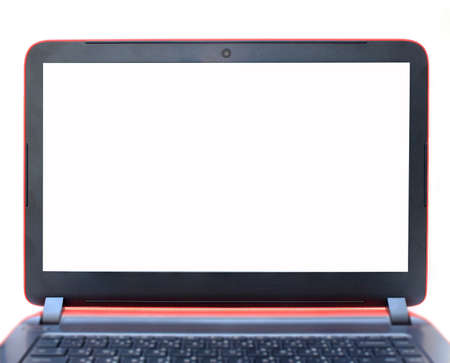 Small grey laptop with red top isolated over white background. Focused on screen.の写真素材