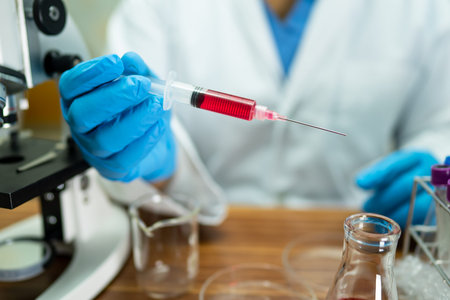 Scientists hold and analysis tube of micro biological sample outbreak  infectious in laboratory for...