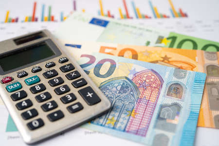 Euro banknotes with calculator, Banking Account, Investment Analytic research data economy, trading, Business company concept.の写真素材
