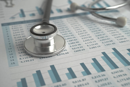 Stethoscope on spreadsheet paper, Finance, Account, Statistics, Investment, Analytic research data economy spreadsheet and Business company concept.の写真素材