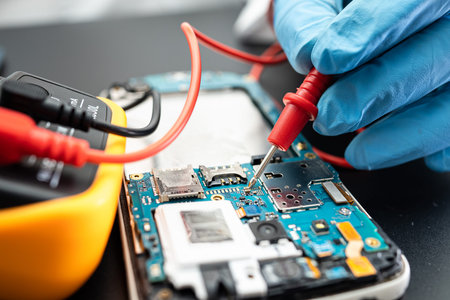 Technician repairing inside of mobile phone by soldering iron. Integrated Circuit. the concept of...