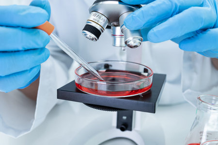 Asian scientist biochemist or microbiologist working research with a microscope in laboratory.
