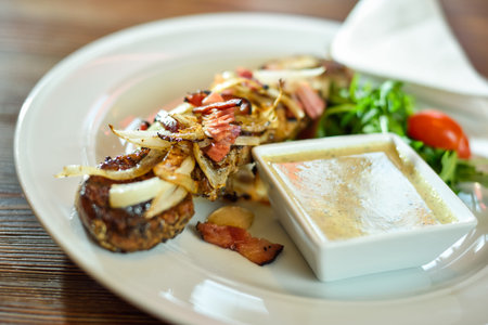 Grilled beef shishkabobs on table close upの写真素材