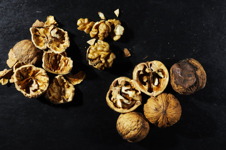 Photography of whole and broken walnuts on slate background for food illustrationsの写真素材