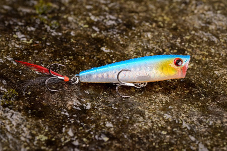 Fishing lure wobbler on a wet stone with moss