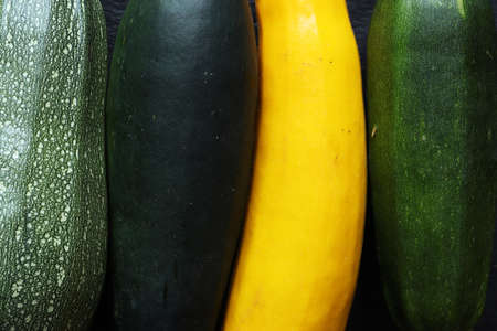 Photography of four varieties of zucchini on slate background for food illustrationsの写真素材