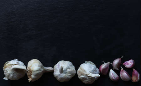 Photography of garlic heads and cloves on slate background for restaurant menu or market signの写真素材
