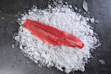 Fresh raw fish steak on ice over dark stone background. Creative layout made of fishの写真素材