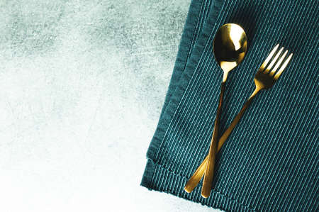 Fork and spoon on table background with spaceの写真素材