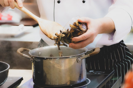 Chef preparing food, meal, in the kitchen, chef cooking, Chef decorating dishの写真素材