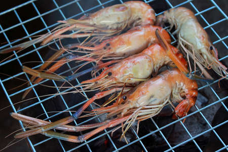 Grilled shrimps on the flaming grillの写真素材