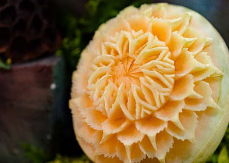 Fruit and vegetable carvings, Display thai fruit carving decorationの写真素材