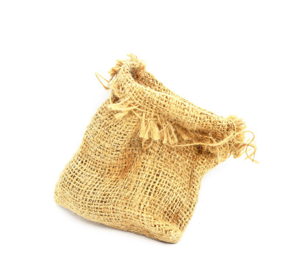 Empty burlap sack bag isolated on white background