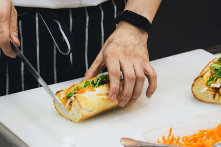 chef prepares sandwich in the kitchen, Delicious sandwich with veggies and meatの写真素材