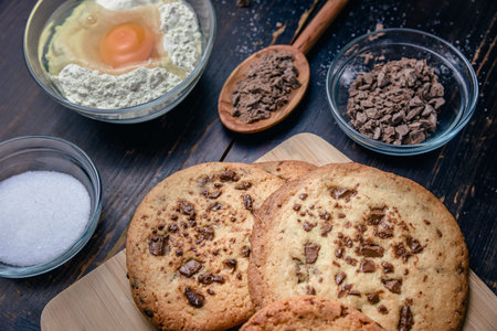 Sweet Homemade Chocolate Cookies with Ingredients on Table