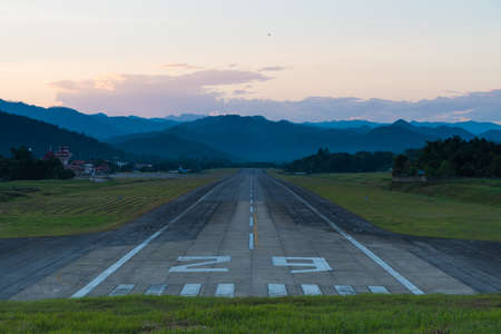 Airport runway sunset.の写真素材