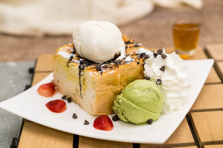 honey toasts with strawberry, vanilla and green tea ice-cream