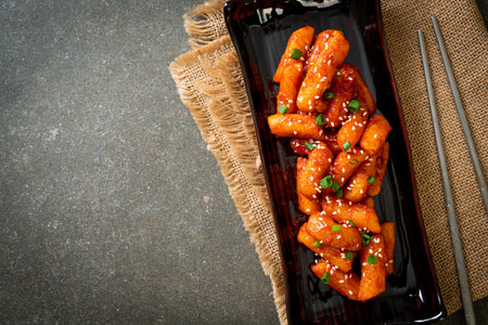 deep fried Korean rice cake (Tteokbokki) skewered with spicy sauceの写真素材