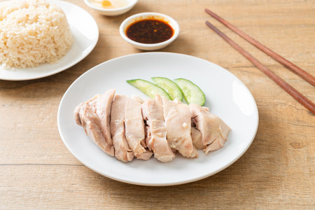Hainanese chicken rice or rice steamed with chicken soupの写真素材