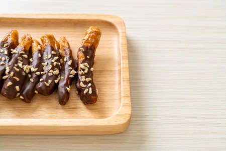 banana chocolate coating or banana dipped chocolateの写真素材