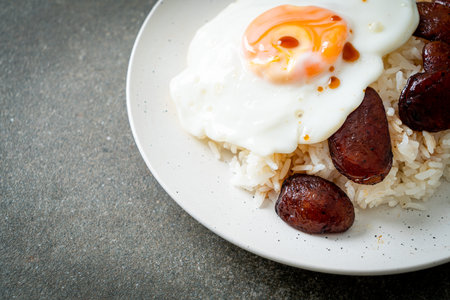 rice with fried egg and Chinese sausage