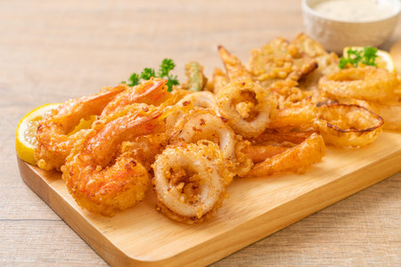 deep fried seafood (shrimps and squid) with mix vegetable