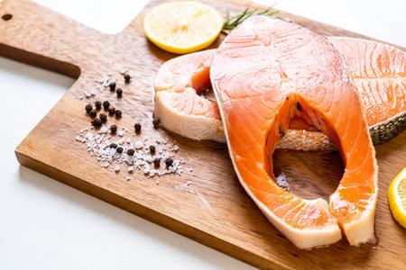 fresh raw salmon fillet steakの写真素材