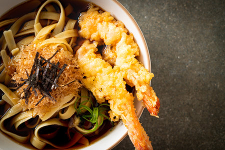 Japanese ramen noodles with shrimps tempura