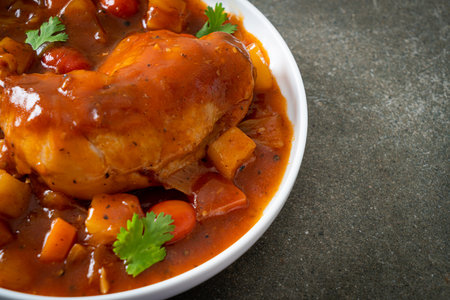 chicken stew with tomatoes, onions, carrot and potatoesの写真素材