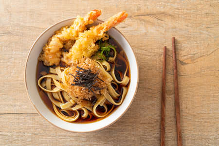 Japanese ramen noodles with shrimps tempuraの写真素材