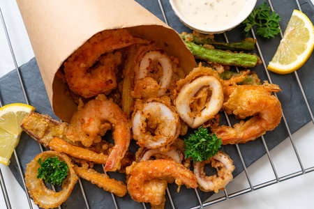 deep fried seafood (shrimps and squid) with mix vegetable