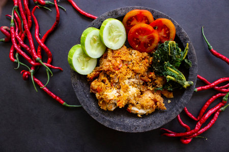 ayam geprek or chicken crush or chicken smashed is indonesian food made from made fried chicken pounded with chilli and garlic flavour and served with vegetables and riceの素材