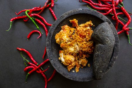 ayam geprek or chicken crush or chicken smashed is indonesian food made from made fried chicken pounded with chilli and garlic flavour and served with vegetables and riceの素材