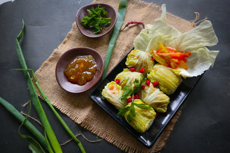 cabbage rolls stuffed meat or kol gulung, kelem dolmasi, sarma Cabbage wraps, Chou farci, golubtsy, golabki. cooked cabbage leaves wrapped with meat, or beefの素材