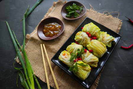 cabbage rolls stuffed meat or kol gulung, kelem dolmasi, sarma Cabbage wraps, Chou farci, golubtsy, golabki. cooked cabbage leaves wrapped with meat, or beefの素材