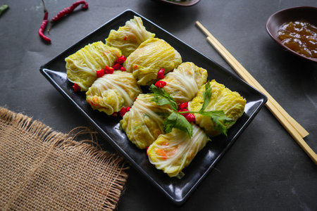 cabbage rolls stuffed meat or kol gulung, kelem dolmasi, sarma Cabbage wraps, Chou farci, golubtsy, golabki. cooked cabbage leaves wrapped with meat, or beefの素材