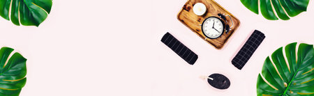 Web banner to illustrate spa treatments, body care, face relaxation. Advertising picture.の素材