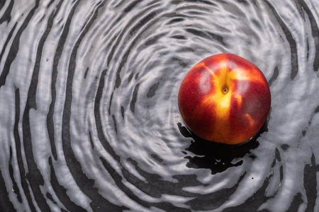 nectarine in the water with waves around black background and copy spaceの素材