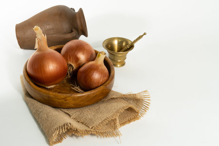 organic onions seen from the front on a white background with copy-spaceの素材