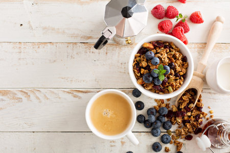 Homemade granola with berries for breakfast top viewの素材
