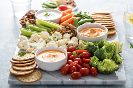 Plant based snack board with vegetables, crackers and dairy free dipsの素材