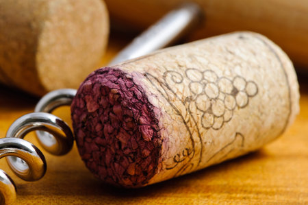 Closeup detail of wine cork and corkscrew