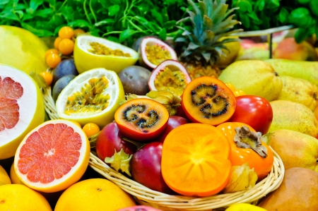Mix of different fresh exotic fruitsの写真素材
