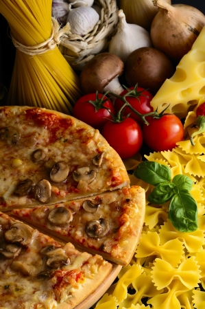 italian food, pizza pasta and ingredientsの写真素材