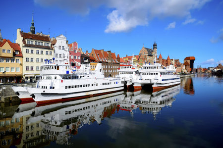 ships in harbor and historic city of gdansk  danzig  in poland