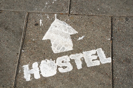 hostel sign on the groundの写真素材